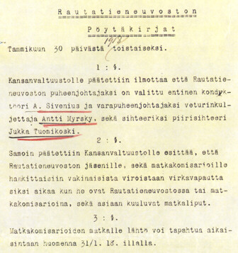 Rautatieneuvoston ensimm�isen kokouksen p�yt�kirja